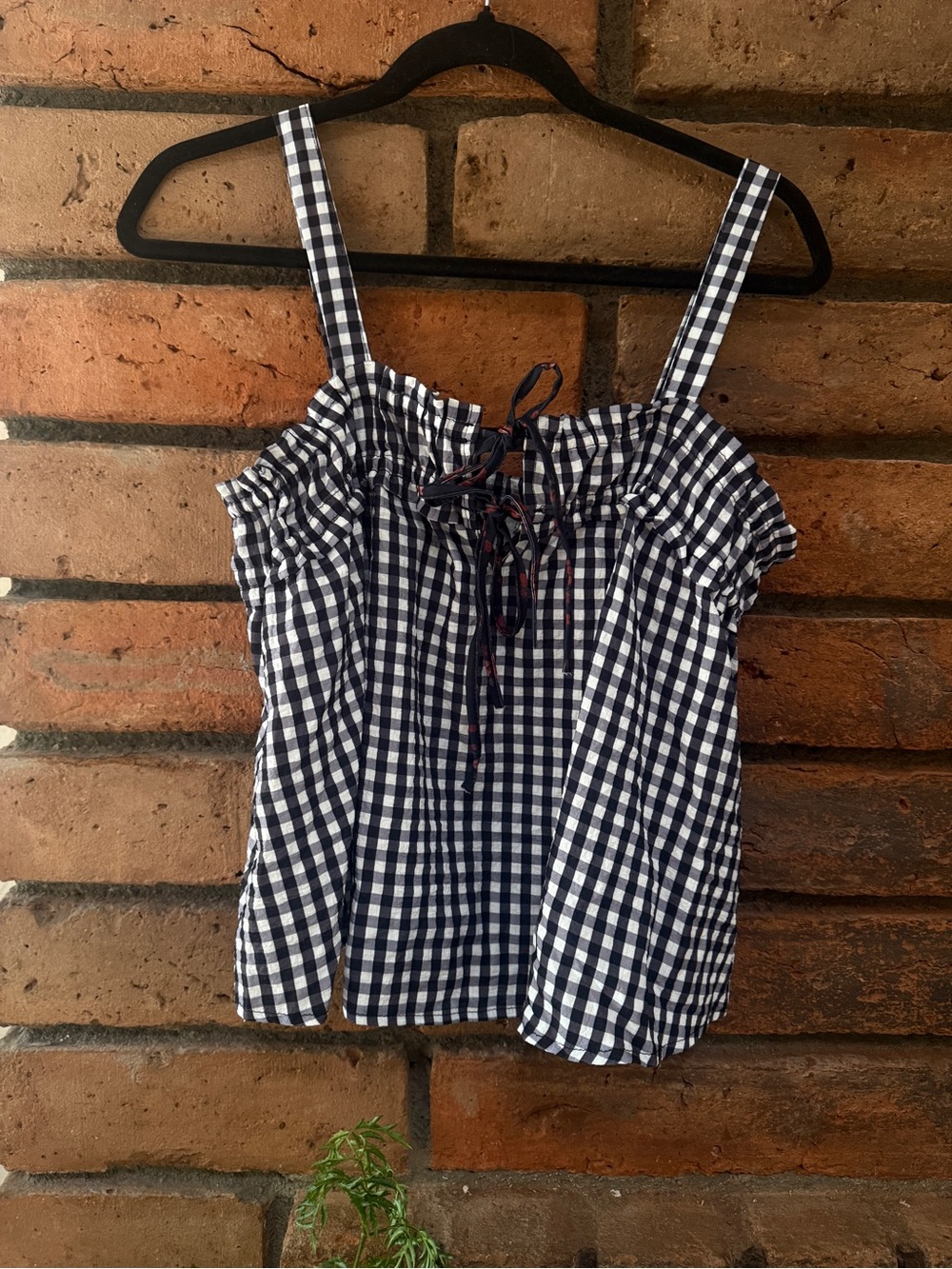 Women's Navy and White Gingham Tie-Front Tank Top
